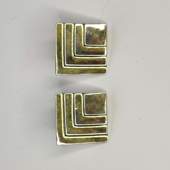 Vintage Gold Tone Geometric Square Clip On Earrings Retro Statement - Picture 1 of 10